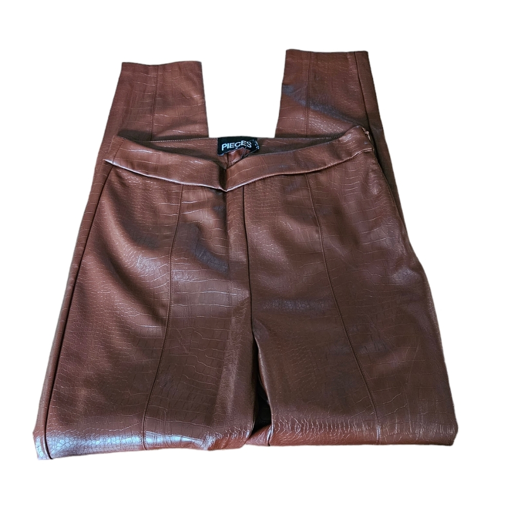 Pieces Faux Leather Brown Pants Women’s Size M High Waist Straight Leg